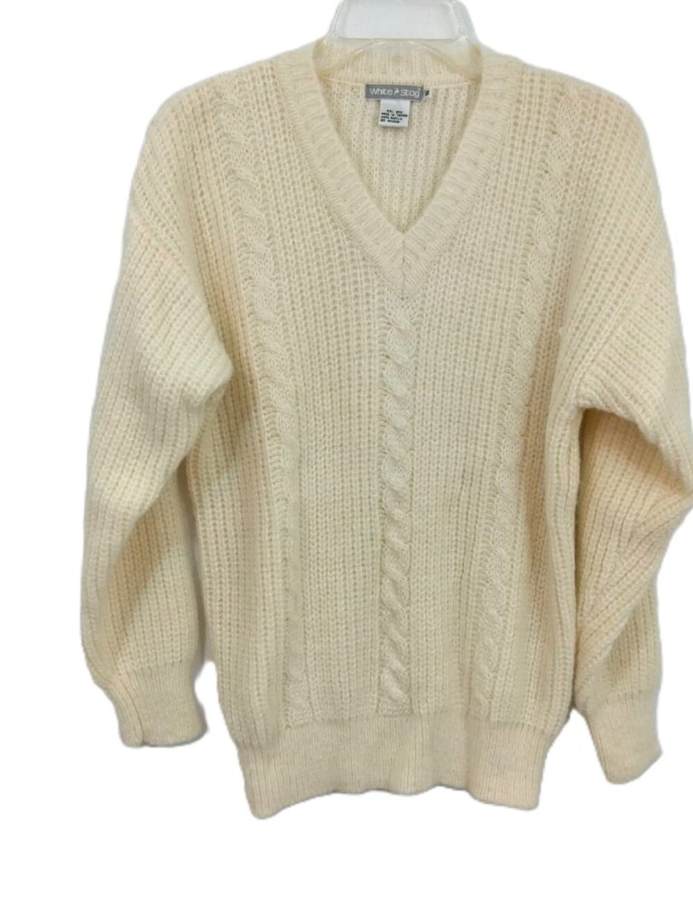 Vintage 80s 90s Y2K Chunky Knit Sweater Ivory V-Neck Women S, M, White Stag